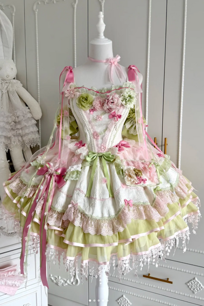 [Clôture des réservations le 10/8] Robe lolita corset à volants en dentelle florale rose x vert doux + ensemble complet (coiffe couronne florale avec voile + manches amovibles)