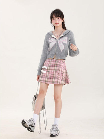 Ribbon Print Hoodie Short Knit Cardigan