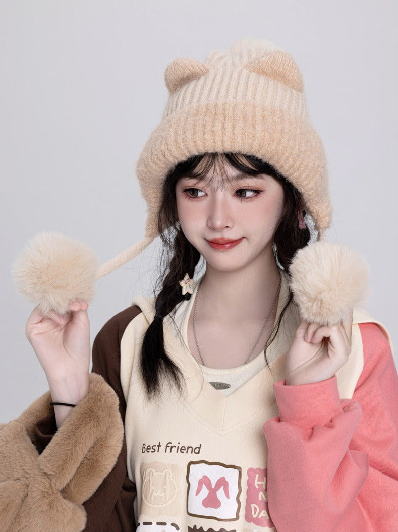 Cat Ear Snowball Knit Hat