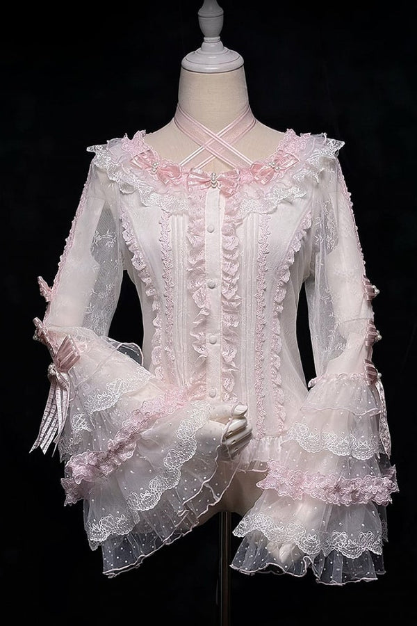 [Deadline for reservations: December 26] Pure Sweet Rose Fantasy Cross Ribbon Lace Bell Sleeve Shirt