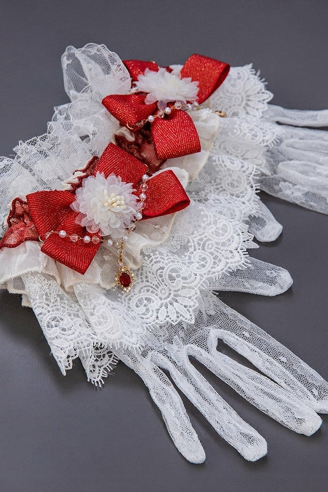 【9月10日予約締切】Red/Platinum Gold Rococo Fantasy Puff Sleeve Ribbon Tiered Princess Lolita Dress Bridal＋Full set[Op Dress + Feather Hat + Choker + Back Ribbon Train + Lace Gloves]