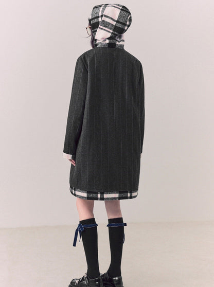 Check Hooded Wool Long Coat