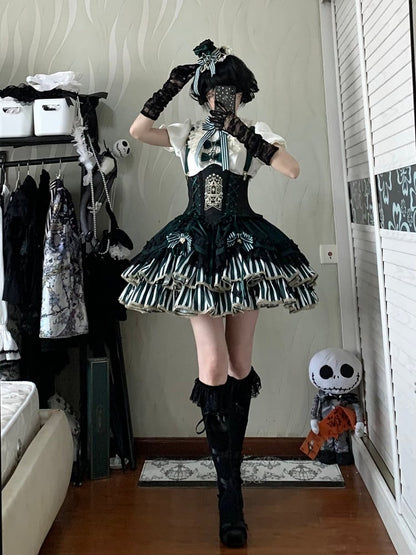 [Pre-order Deadline: May 20] Magical Girl Lolita Elegant Lace Puff Sleeve Shirt + Black x Green Ribbon Corset Tiered Dress + Mini Hat