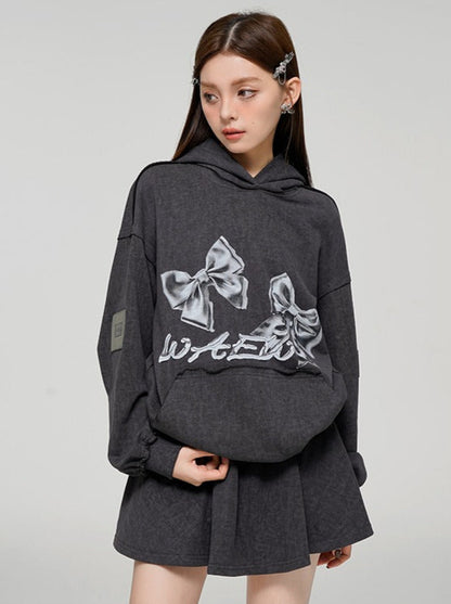 Ribbon Print Loose Sweatshirt Hoodie + Skirt