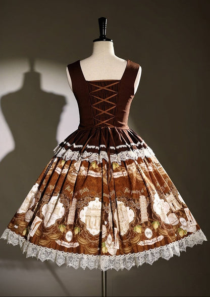 [Reservation Deadline: November 6] Navy Blue/Brown Classic Italian Travel Diary Lolita Vintage Print Bow Bustier JSK Dress with Metal Buttons & Lace Detail