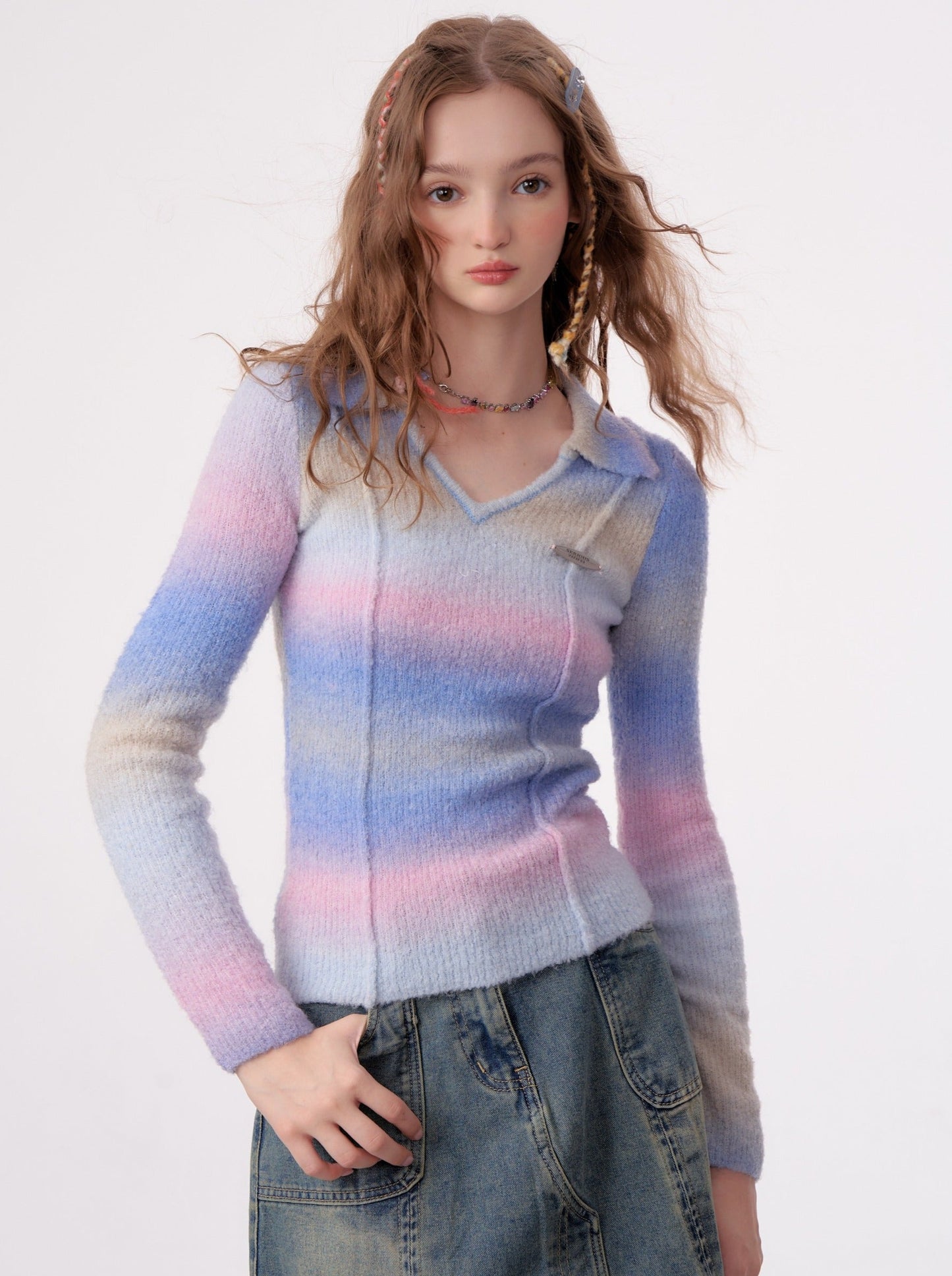 Polo V-Neck Retro Striped Gradient Knit