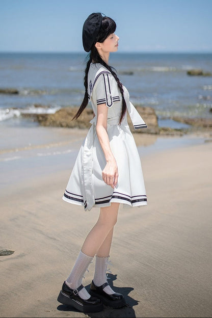【10月1日予約締切】Blue/White Sailor Collar Bird Embroidery Lolita Bow Dress