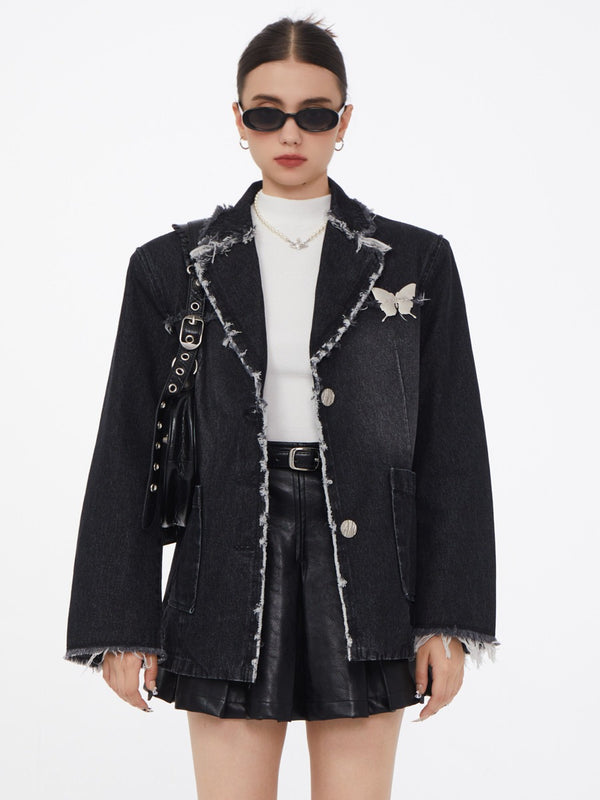 アメリカンレトロミッドレングスカジュアルルーズデニムジャケット