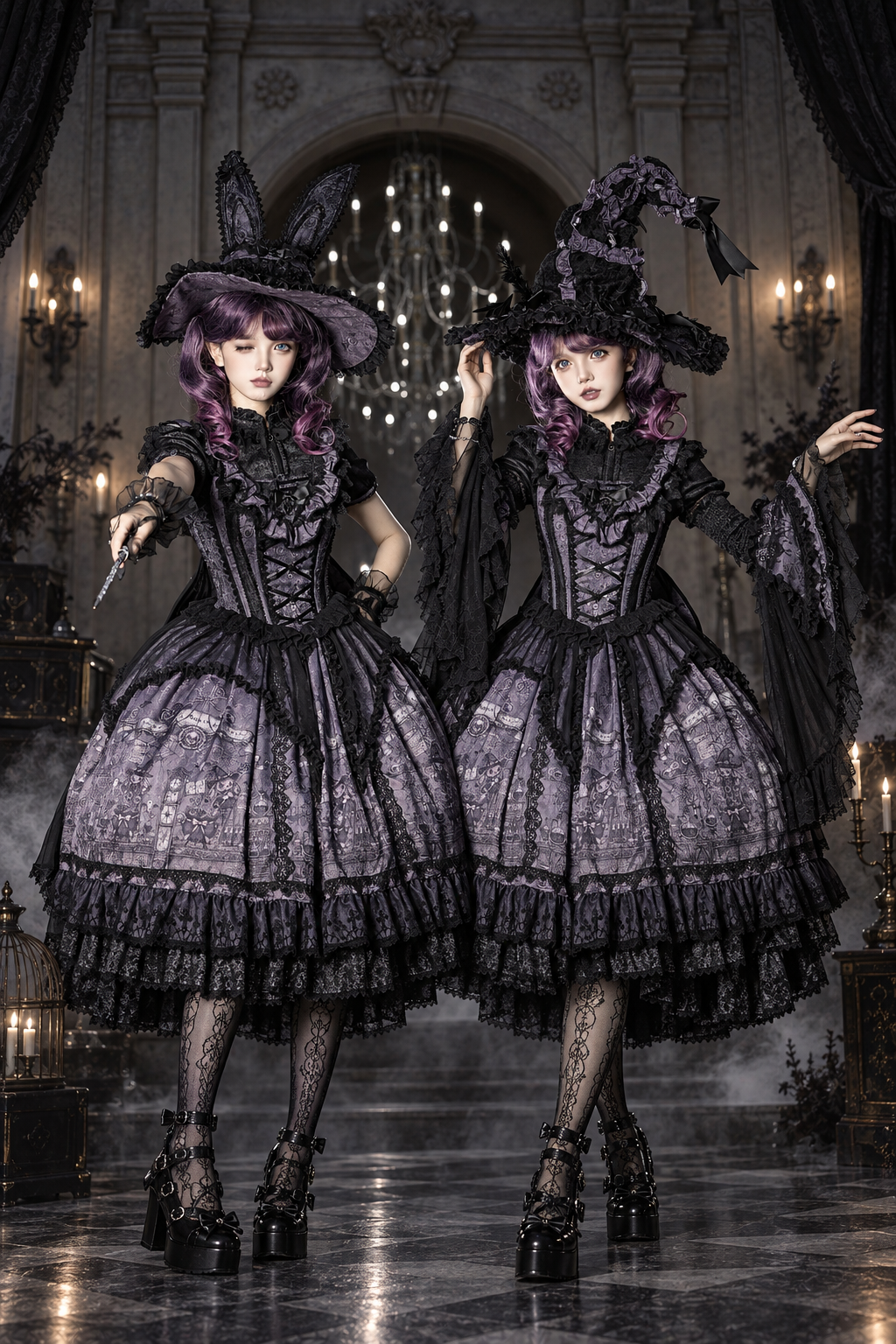 【10月30日予約締切】Purple And Black Gothic Lolita Dress Complete Set [Bunny Ear Hat Version/Witch Hat Version] (Witch Print Bustier Dress + Black Short-Sleeved Blouse + Bat Wing Back Train + Detachable Princess Sleeves)