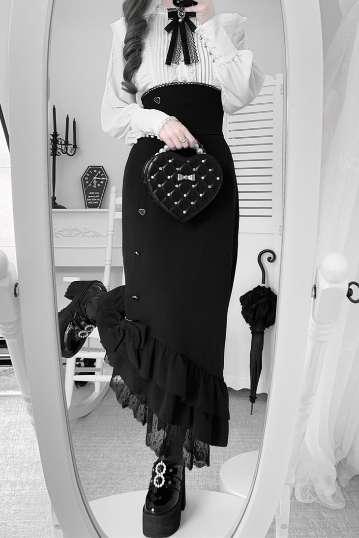 【数量限定】Heartbeat Love Songクリアエレガントリボンシャツ＋フィッシュテールスカートセット