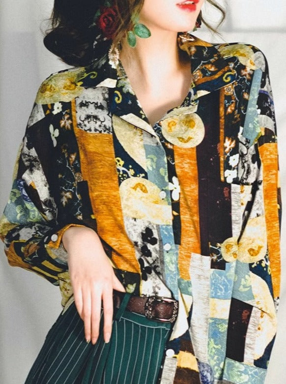 retro print loose shirt