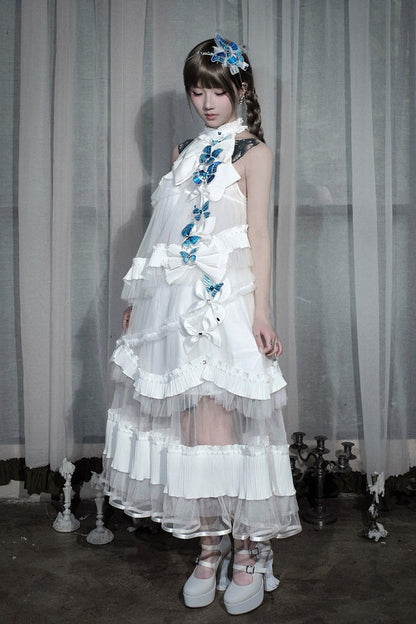 [Pre-order Deadline: October 14] Black/White Gothic Lolita Blue Butterfly Bow Tulle Ruffle Layered Halter Dress