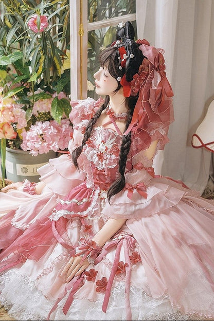 [Scadenza prenotazione 28 giugno] Accessori della serie sweet lolita floreale rosa x verde/rosso/viola/verde (choker, copricapo con velo floreale, fermagli per capelli, polsini da polso)