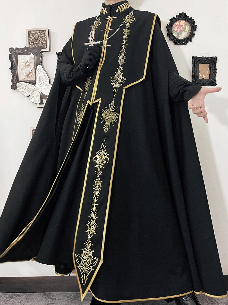 [Reservierungsschluss 13. September] Schwarz-goldener Gothic-Prinzen-Cape-Mantel mit königlicher Stickerei – 2 Stoffoptionen