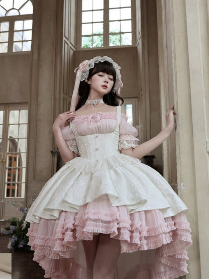 【4月28日予約締切】ピンク×ホワイトエレガントゴシックロリータコルセットレイヤードJSKドレス＋オフショルダーレースパフトップス