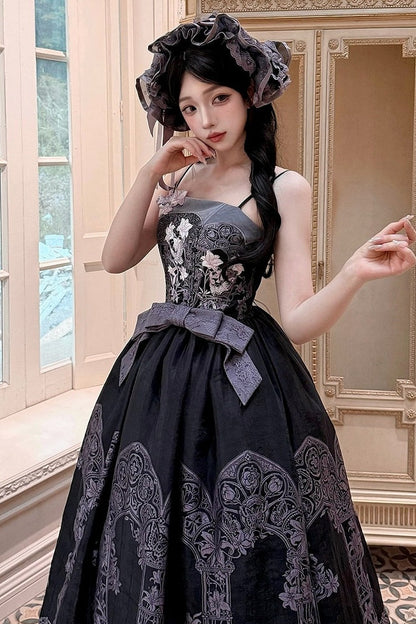 【9月8日予約締切】Black x Purple / White x Purple Lily Embroidery Stained Glass China Lolita Elegant Bow JKS Dress
