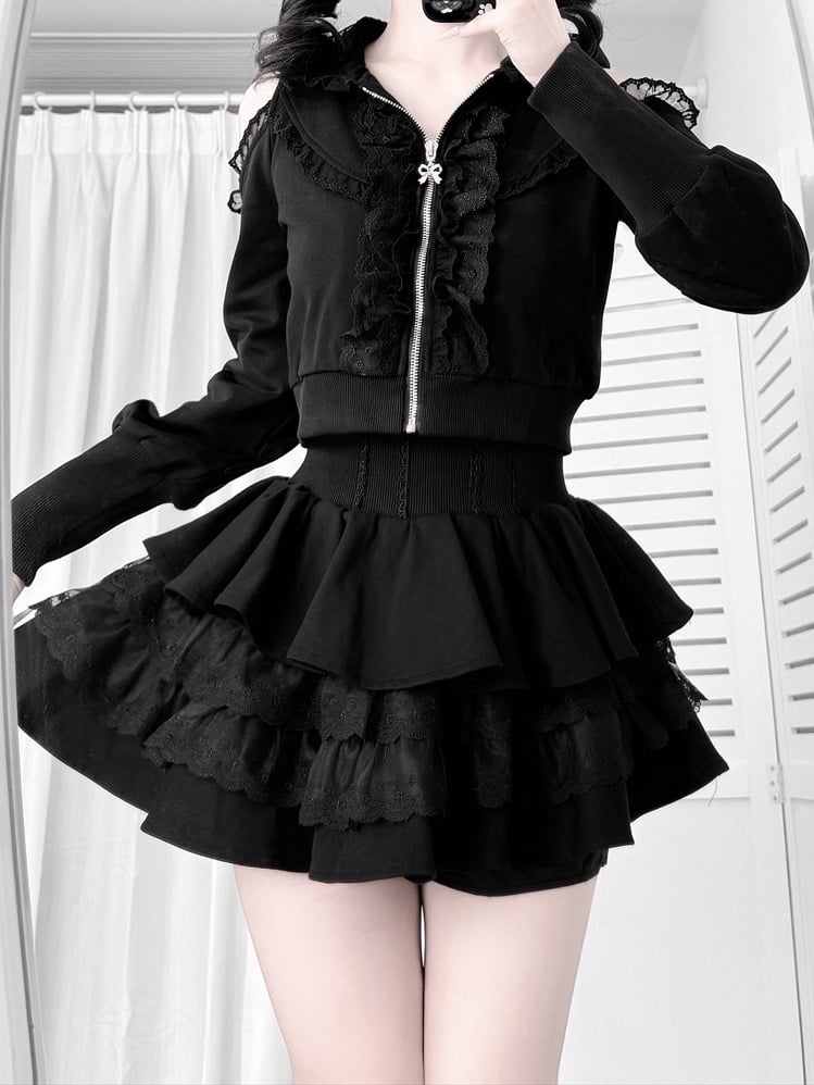 [Reservierungsschluss am 16. September] Set aus langärmligem Cold-Shoulder-Hoodie-Top mit Spitzenrüschen + Stufenrock mit Innenshorts