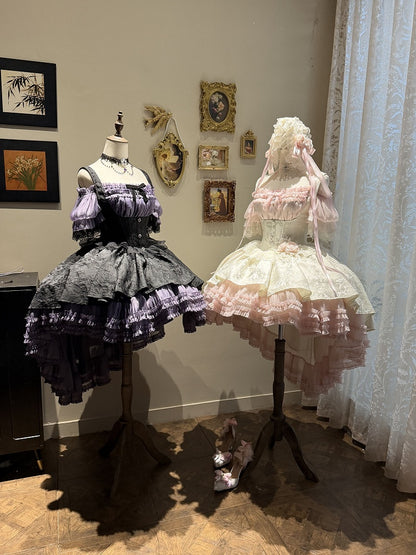 【4月28日予約締切】ピンク×ホワイトエレガントゴシックロリータコルセットレイヤードJSKドレス＋オフショルダーレースパフトップス