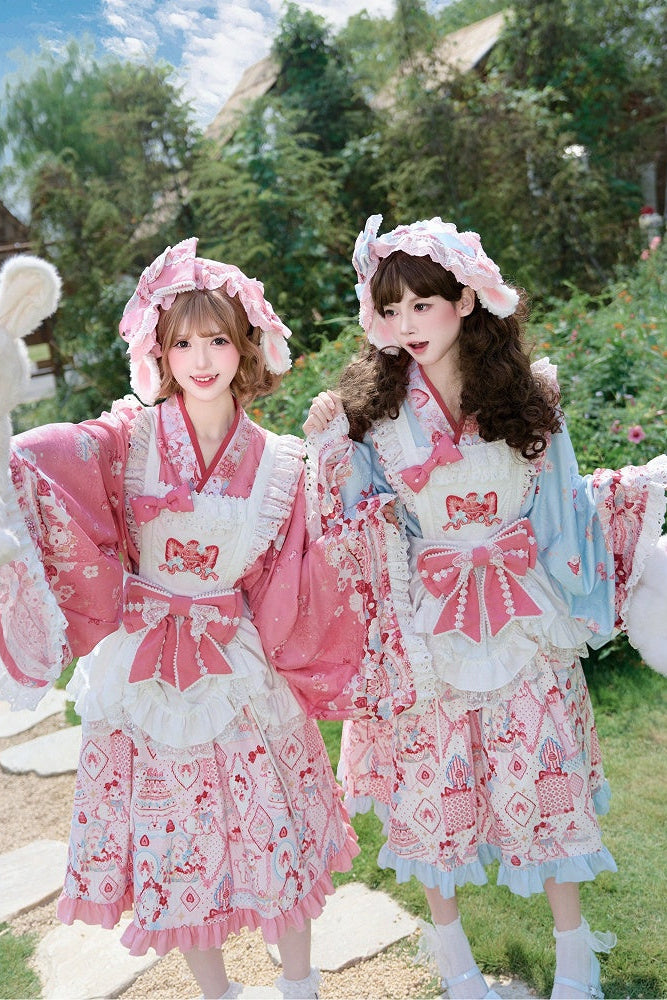 【10月21日予約締切】Pink/Blue Hanfu-inspired Little Lamb Tea Party Lace Wide Sleeve Blouse + Printed Ruffle Skirt + Pleated Mamian Skirt + Strawberry Embroidered Ribbon Lace Apron