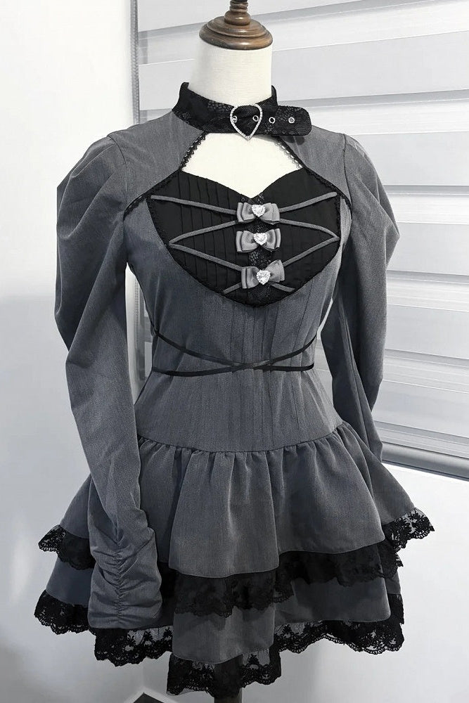 [Reservierungsschluss 28. September] Pink x Schwarz/Grau x Schwarz Gothic-Kleid mit herzförmigem Ausschnitt, Gürtelkragen, Spitzenbesatz und Schleifendetail