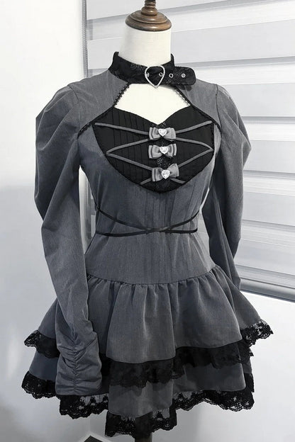 [Reservierungsschluss 28. September] Pink x Schwarz/Grau x Schwarz Gothic-Kleid mit herzförmigem Ausschnitt, Gürtelkragen, Spitzenbesatz und Schleifendetail