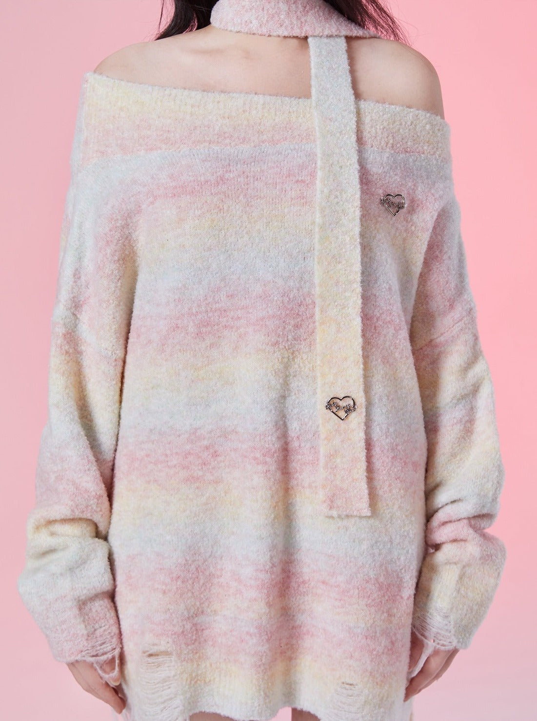 Rainbow Candy Off-Shoulder Wax Lazy Sweater