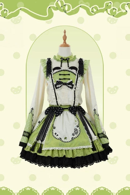 [Pre-order Deadline: October 25] Pink/White/Green Chinoiserie Lolita Sweet Panda Polka Dot Lace Apron Ruffle OP Dress