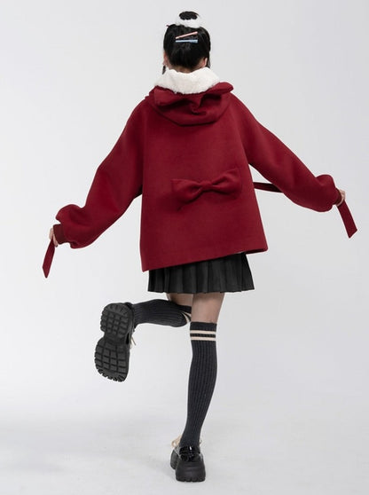 Wine Red Cat Hooded Short Wool Coat