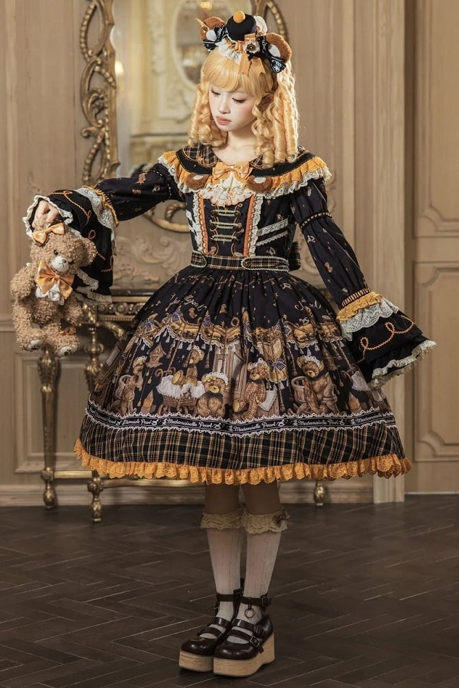 [Reservierungsschluss 8. September] Classic Bear Lolita-Stufenkleid mit weißem Kragen, Karomuster, Spitze und Schleife+Vintage-JSK-Kleid mit Teddybär-Print und Spitze+Vintage-Lolita-Kleid mit Teddybär-Print, Karokragen und klassischem Karomuster