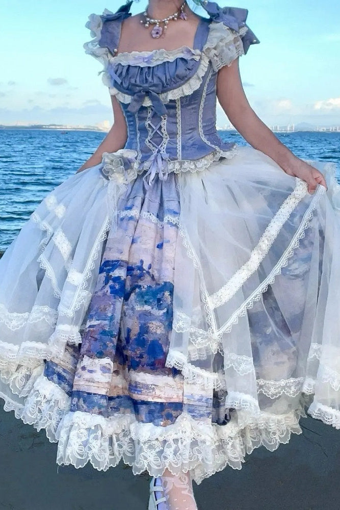[Vorbestellschluss: 3. August] Snow on the Seine River elegantes Lolita-Schleifen-Rüschen-Korsett-Bustier+Rock mit Kunstdruck+Tüll-Überrock-Set