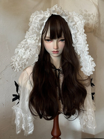 [Reservierungsschluss 18. August] Weiße Fairy-Lace-Rüschen-Lolita-Kapuzen-Shortjacke mit Hasenohren + Innenrock (Petticoat)