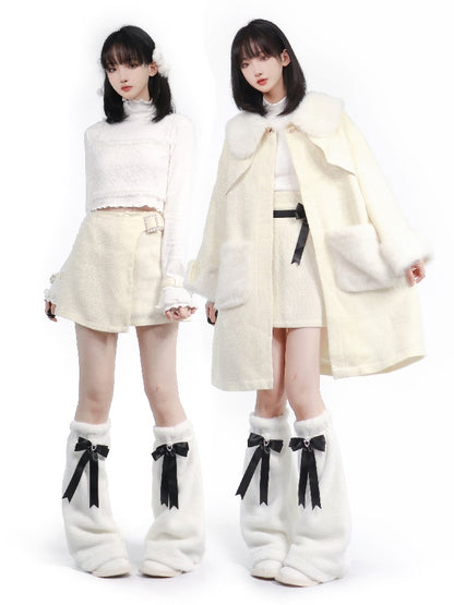 Pure White Snow Fur Jacket Top Skirt Leg Warmer Set