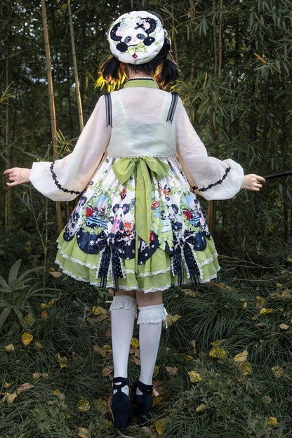 [Pre-order Deadline: October 25] Pink/Green Chinoiserie Lolita Sweet Panda Ear Bow High-Waist Tiered JSK Dress + Bow-Waist Panda Print Dress