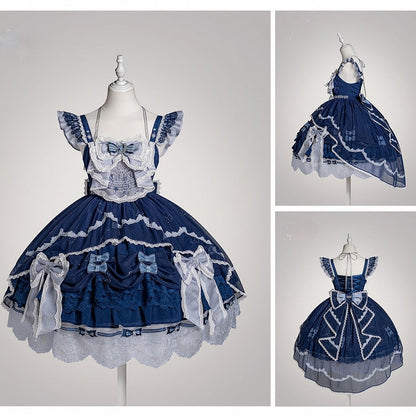 [Clôture des précommandes le 923] Robe JSK classique lolita bleu clair/bleu foncé à broderies d’étoiles célestes, rubans et jupe à volants asymétrique
