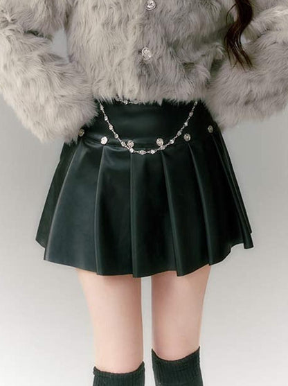 Metal Rose Diamond Chain Pleated Leather Skirt