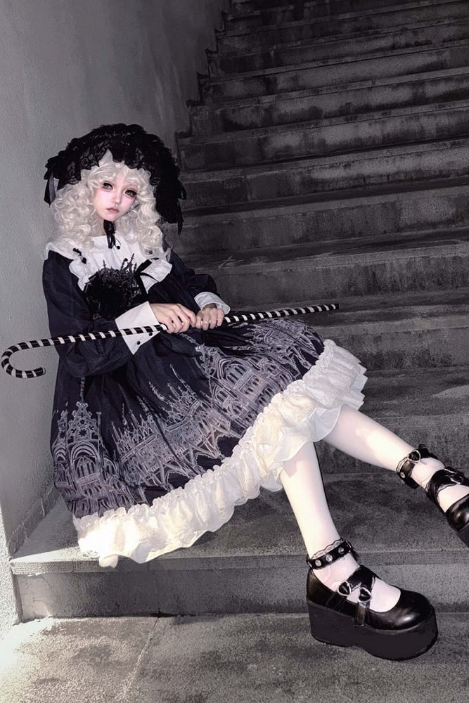 【10月13日予約締切】Gothic Doll Black White Cathedral Print Lace Trim Lolita Op Dress+ Full Dress Set (Flat Hat, Sash, Castle Flower Brooch)