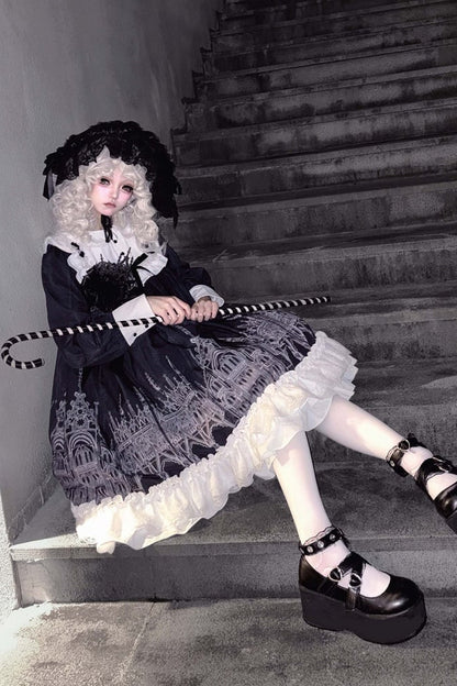【10月13日予約締切】Gothic Doll Black White Cathedral Print Lace Trim Lolita Op Dress+ Full Dress Set (Flat Hat, Sash, Castle Flower Brooch)