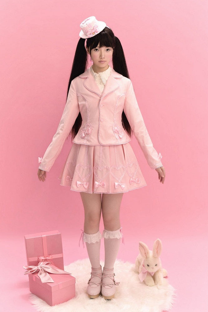 [Pre-order Deadline: June 28] Pink/Gray Vintage Lolita Heart Ribbon Tailored Jacket + Skirt + Tie