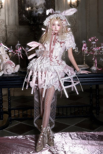 [Date limite de précommande : 6 octobre] Pink Castle Bunny ensemble poupée romantique avec haut corset à manches bouffantes en dentelle + short + surjupe à volants + surjupe cage à oiseaux Set 1/2/3