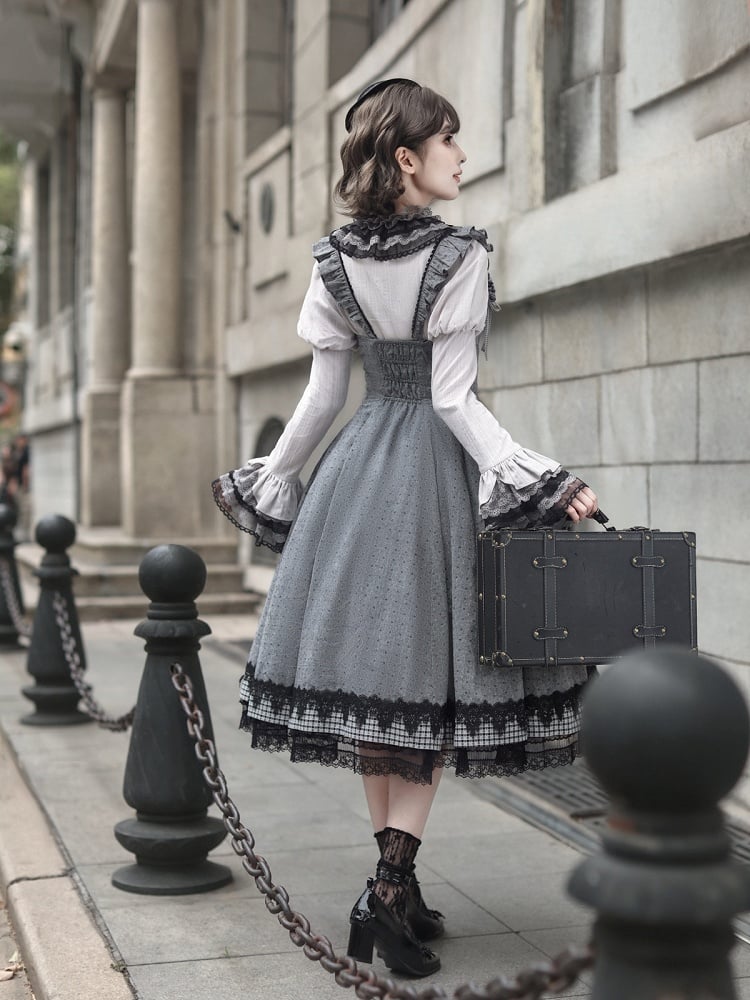 [Pre-order Deadline: May 19] Gray-Black Classic Lolita Top, JSK One-Piece & Bow Tie 3-Piece Ensemble