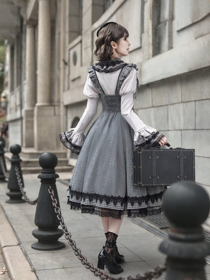 [Pre-order Deadline: May 19] Gray-Black Classic Lolita Top, JSK One-Piece & Bow Tie 3-Piece Ensemble