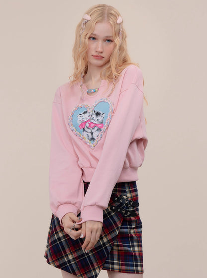 Short Loose American Retro Love Cat Sweatshirt