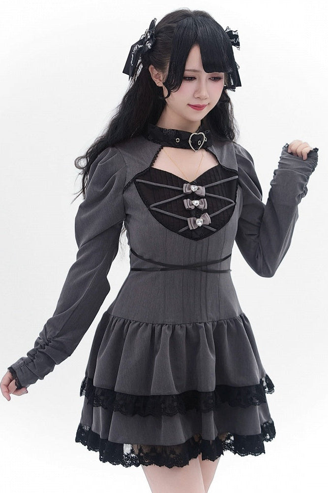 [Reservierungsschluss 28. September] Pink x Schwarz/Grau x Schwarz Gothic-Kleid mit herzförmigem Ausschnitt, Gürtelkragen, Spitzenbesatz und Schleifendetail