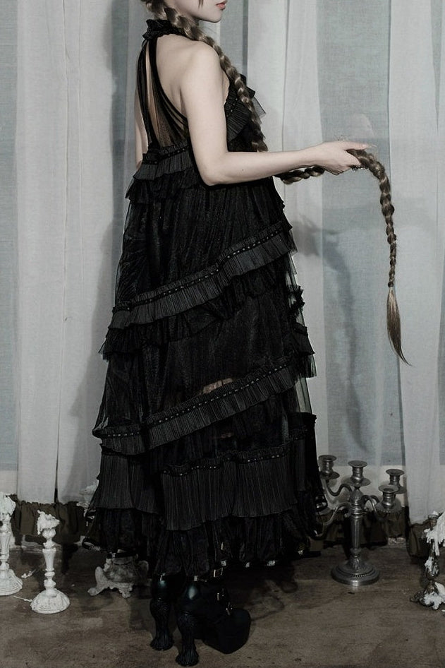 [Pre-order Deadline: October 14] Black/White Gothic Lolita Blue Butterfly Bow Tulle Ruffle Layered Halter Dress