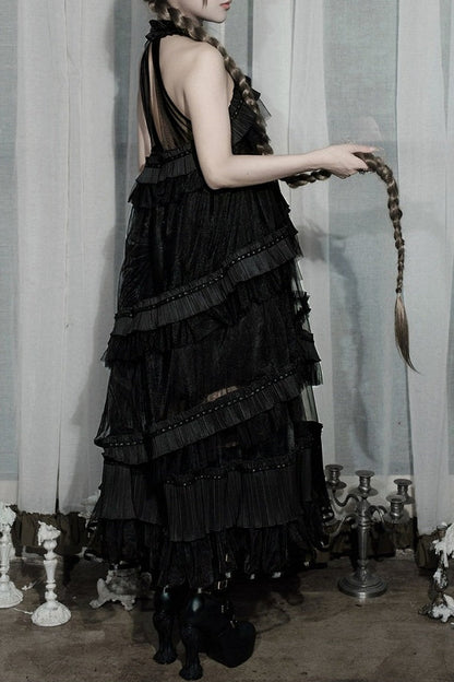 [Pre-order Deadline: October 14] Black/White Gothic Lolita Blue Butterfly Bow Tulle Ruffle Layered Halter Dress