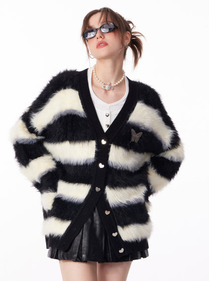 Butterfly Striped Fur Knit Cardigan