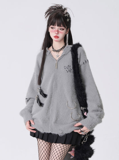 Long Bunny Dark Belt Zip-Up Hoodie