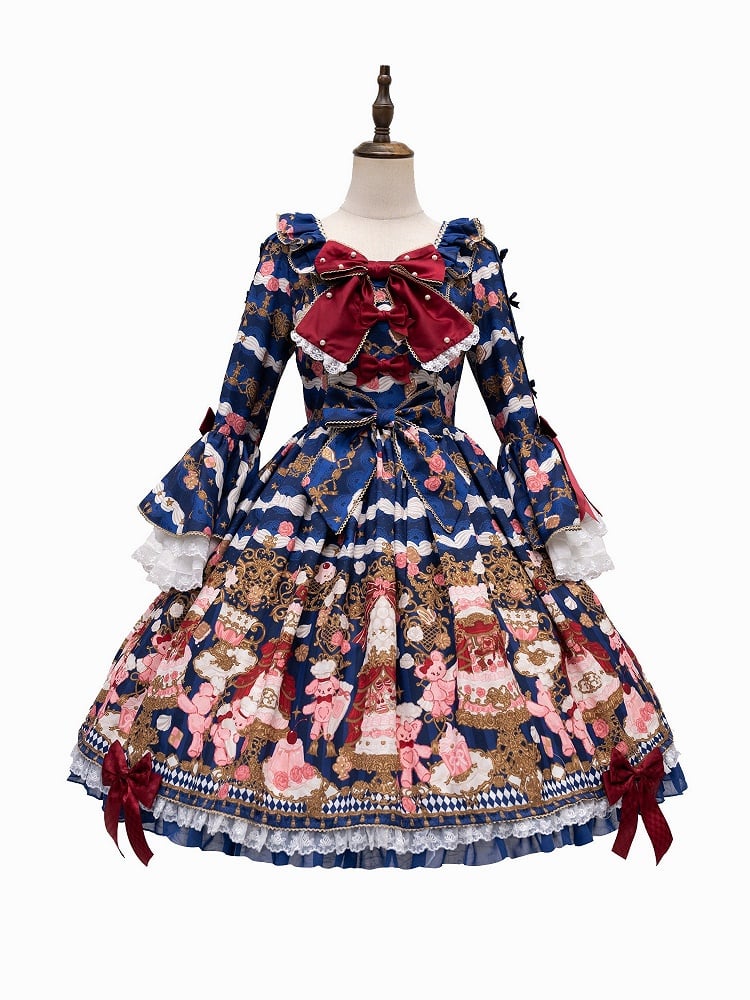 【4月26日予約締切】レトロロマンスイートロリータリボンケーキプリントゴージャス姫袖ドレス