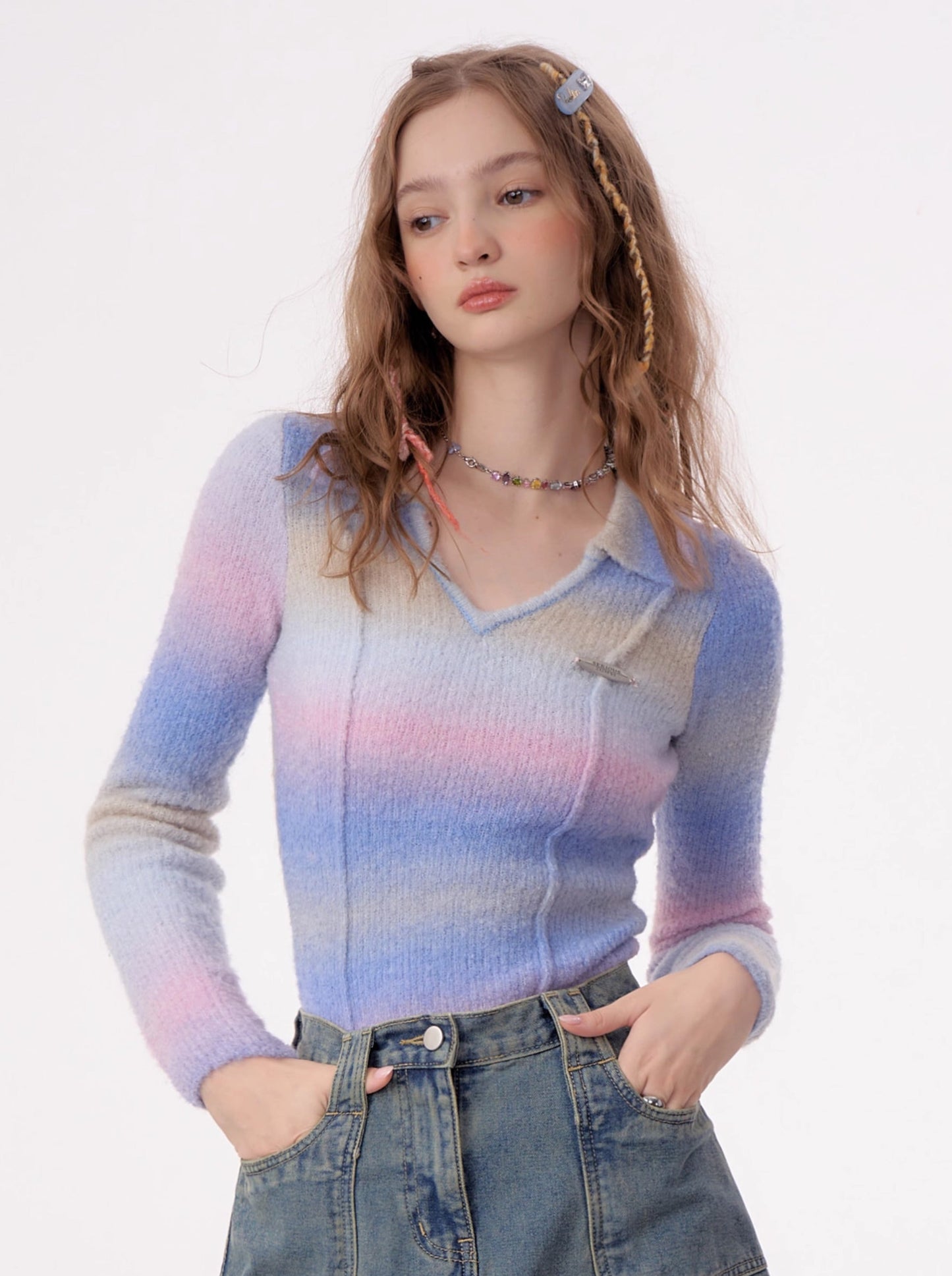 Polo V-Neck Retro Striped Gradient Knit