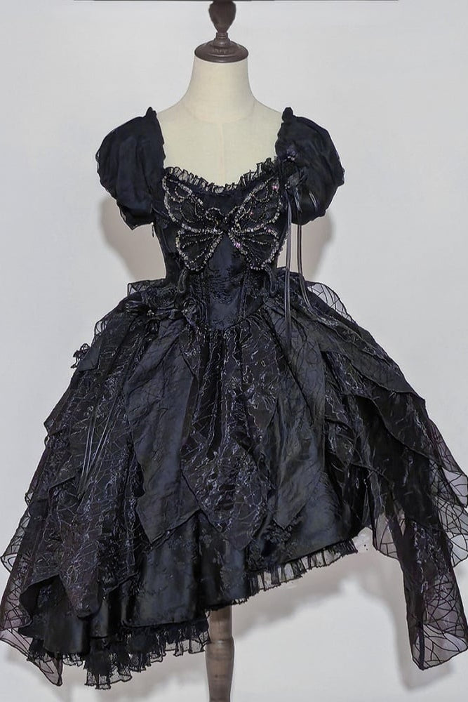 【10月28日予約締切】Black Butterfly Gothic Lolita Puff Sleeve Dress Top + Layered Ruffle Asymmetrical Hem Skirt Set (With Chest Brooch + Waist Brooch)